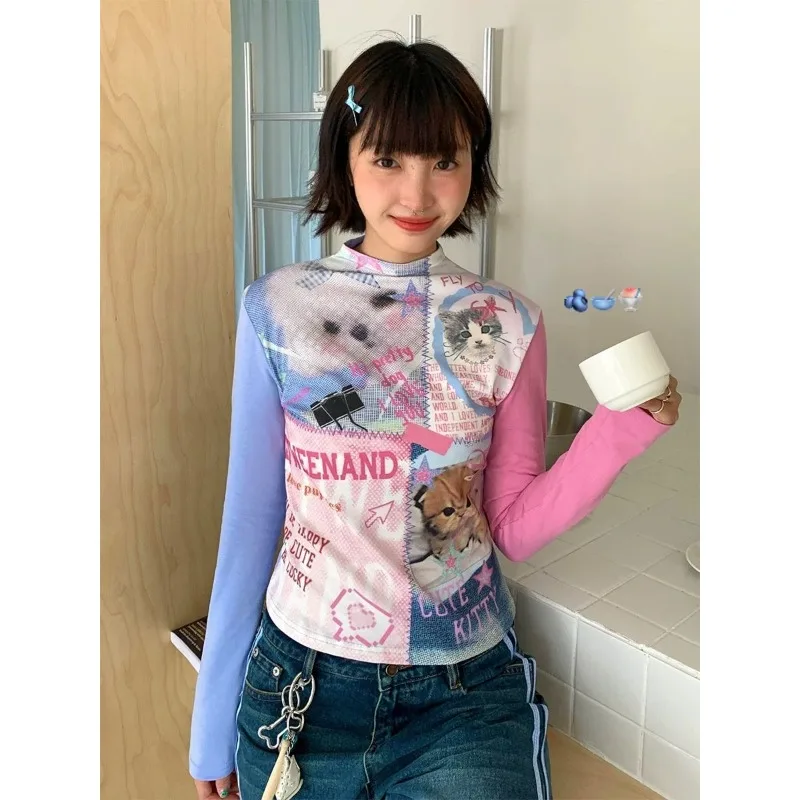 

American Vintage Kitten Puppy Print Long Sleeve Tees Millennial Y2k Dopamine T-shirt Fall Spice Girl Slimming Subculture Top