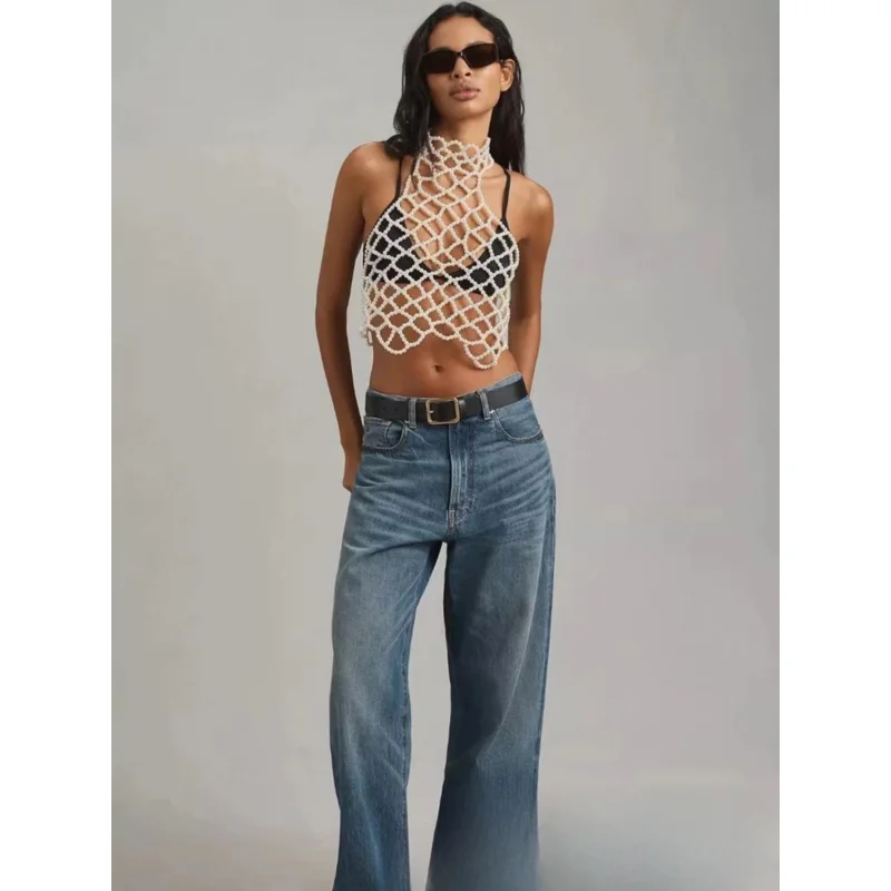 

Женские украшения для тела, цепочка для бюстгальтера, сексуальное бикини с жемчугом, ручная работа, бисер, Холтер на шею, пояс для живота, модная цепочка для ночного клуба с кисточками