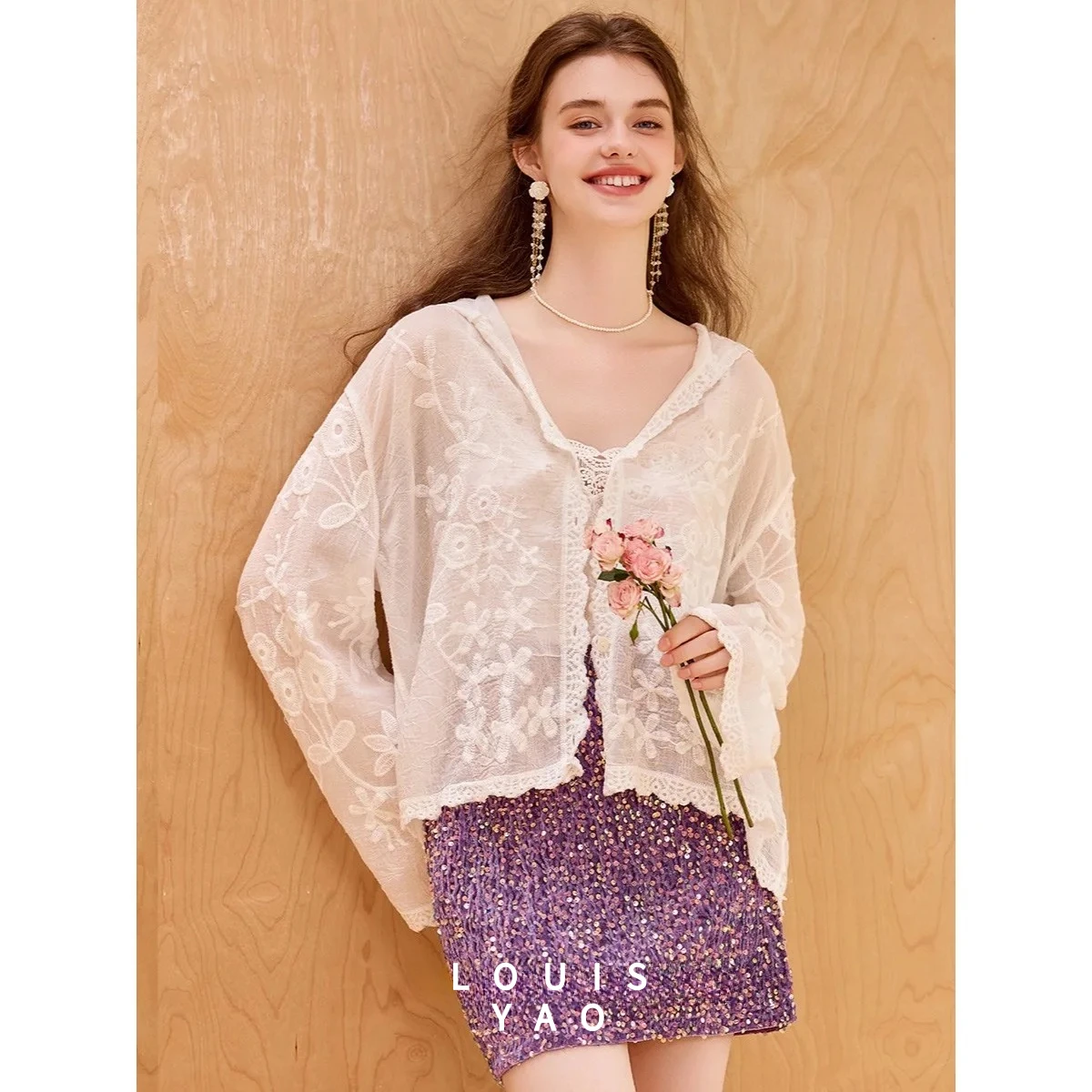 

LOUISYAO Design Flower Hooded Cardigan 2025 Autumn Tops Sophisticated Casual Lace Trim Drop-shoulder Sleeve New Women's Coat