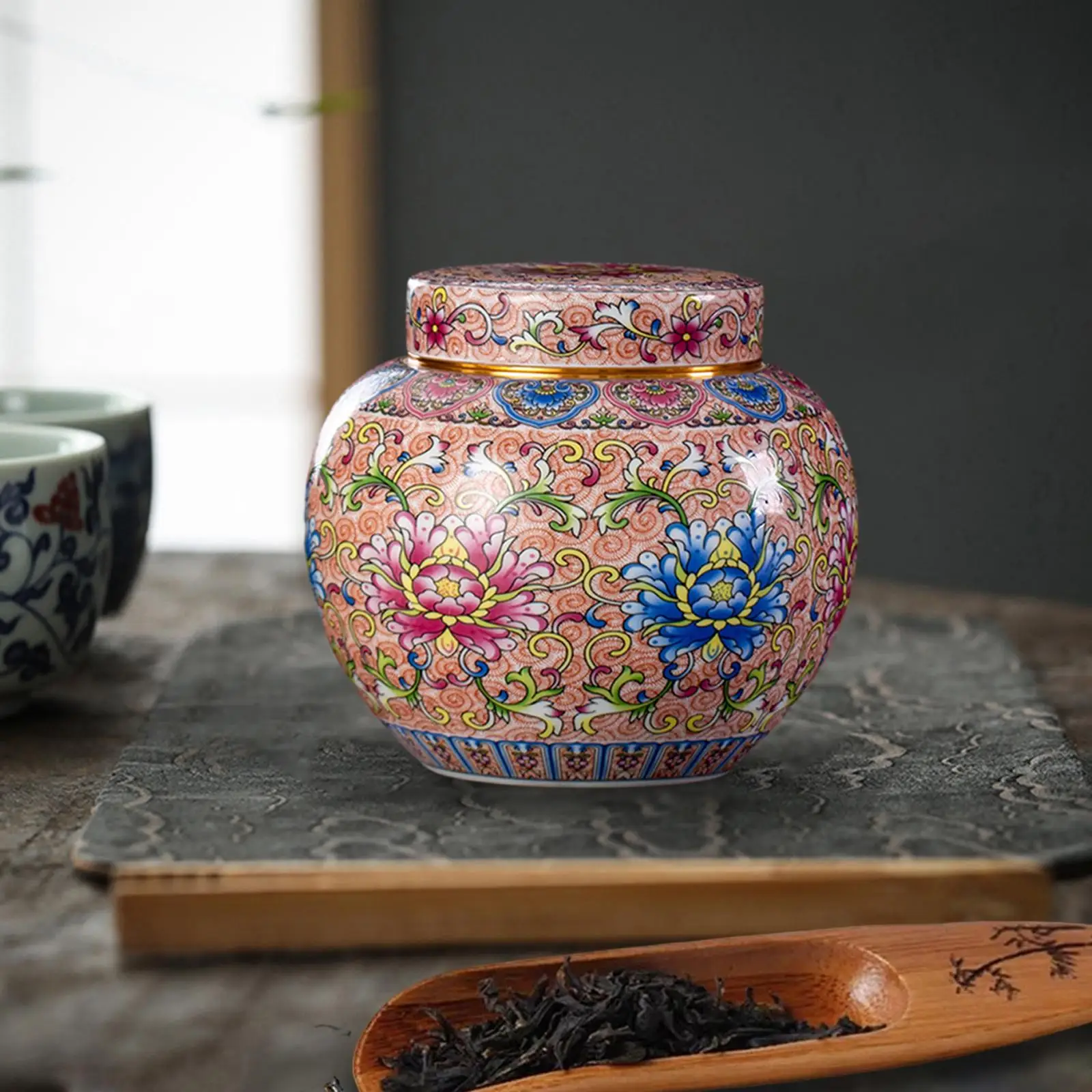 Ginger Jar Chinese Style 1000ml Exquisite Smooth Glazed Hand Painted with Sealed Lid Decorative Jar for Kitchen Home Household