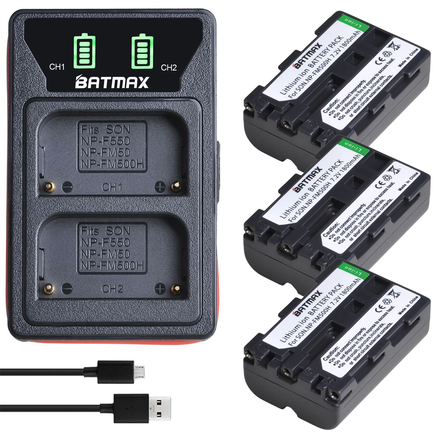 Batmax NP-FM500H FM500H Battery+LED USB Dual Charger with Type C Port for Sony A200 A200K A200W A300 A350 A450 a580