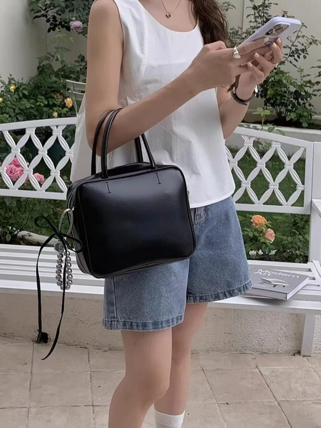 FIRMRANCH Korean Niche Brand Design Versatile Simple Retro Black Square Handbag Women\'s Leather Single Shoulder Diagonal Bag