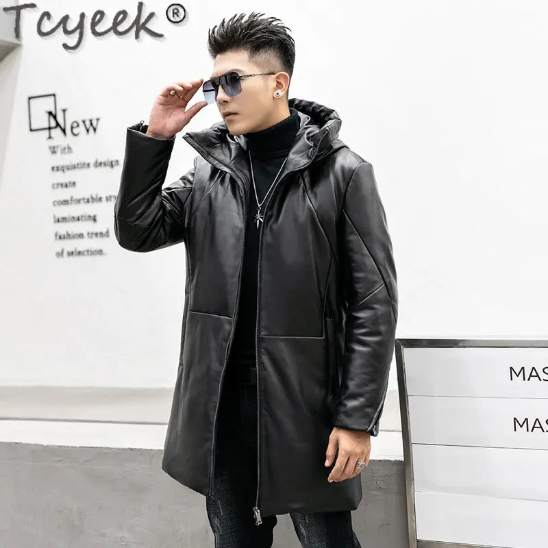 Tcyeek Winter Genuine Leather Down Coat Men Clothing Thicken Casual Sheepskin Coats for Man Mid-length Hooded Puffer Jacket 2023