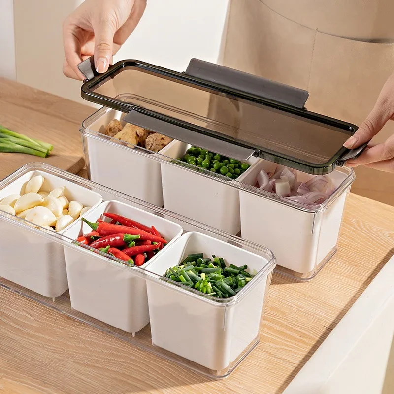 Multi-Compartment Food-Grade Kitchen Storage Box with Lid for Ginger Garlic Onion Refrigerator Fresh Keeping