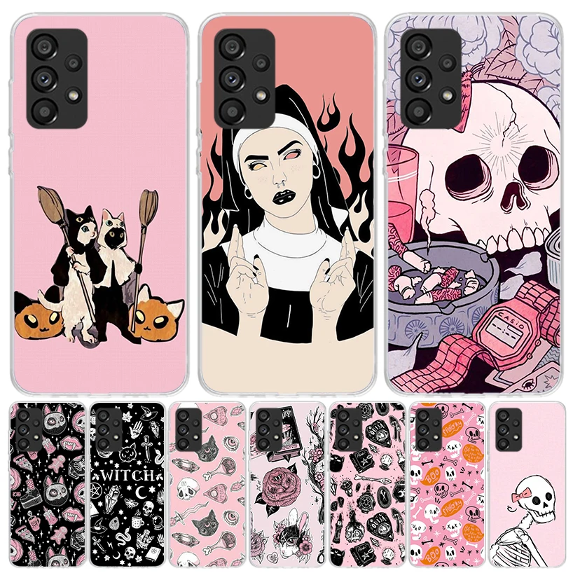 Pink Cat Skull Sorceress Witch Phone Case For Samsung Galaxy A15 A55 A25 A35 A14 A54 A24 A34 A13 A53 A23 A33 A12 A52 A22 A32 A05