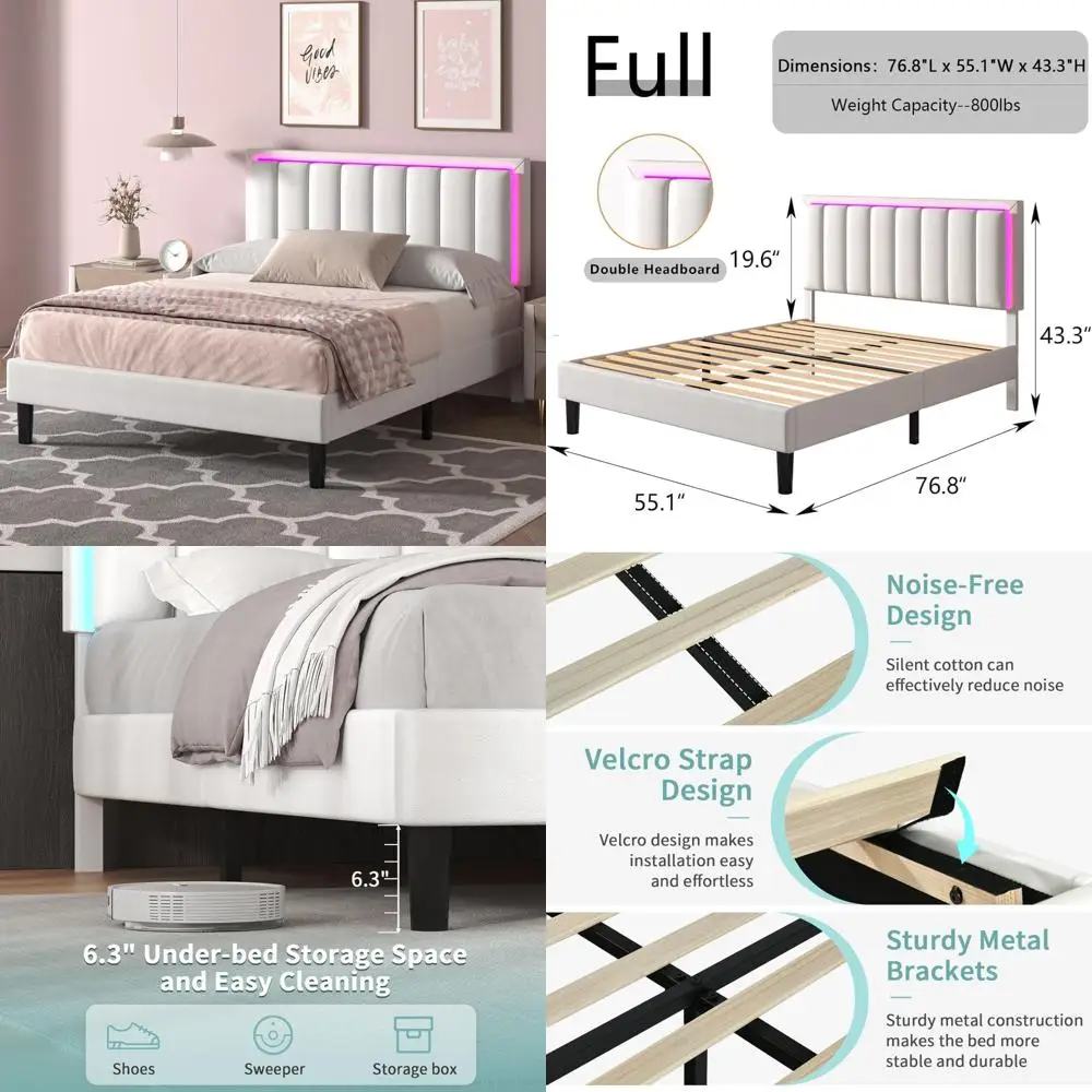 Full Size Upholstered Bed Frame with LED Lights, Headboard Included, Heavy Duty Wood Slat Support, Quiet and Sturdy
