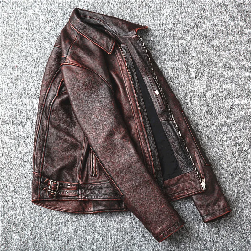 Top Layer Cowhide Leather Jacket Men Genuine Leisure Corium Coat Vintage Distressed Spring Autumn Motorcycle Swallow Tailed Suit