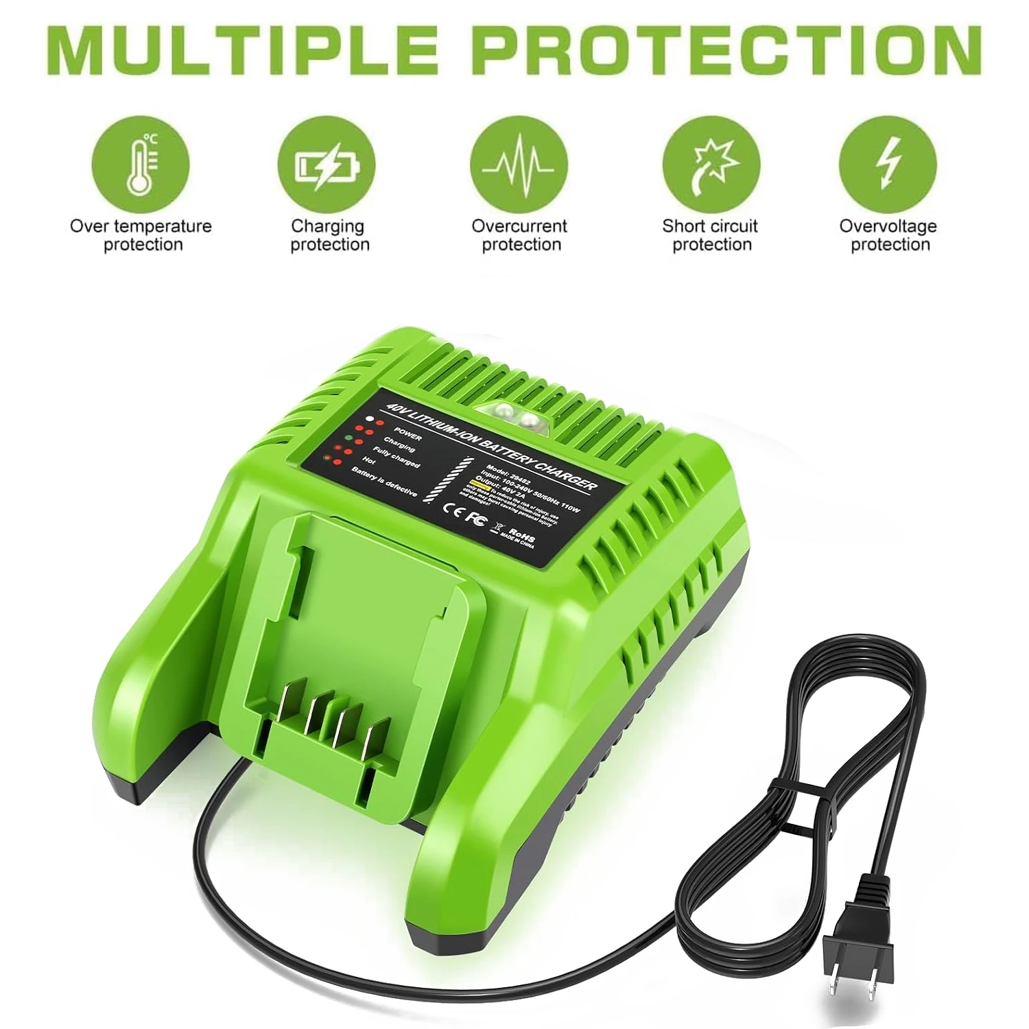 Portable Quick battery charger with LED INDICATOR for Greenworks 40V Lithium battery with US/EU/UK/AU Charging plug