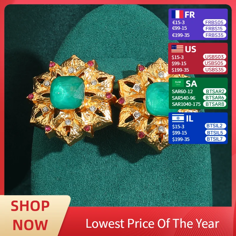 

Gold Color Skirt Collar Ice Blue Square Crystal Stones Vintage Stud Earrings Women Antique Jewelry Dress Accessories New Style