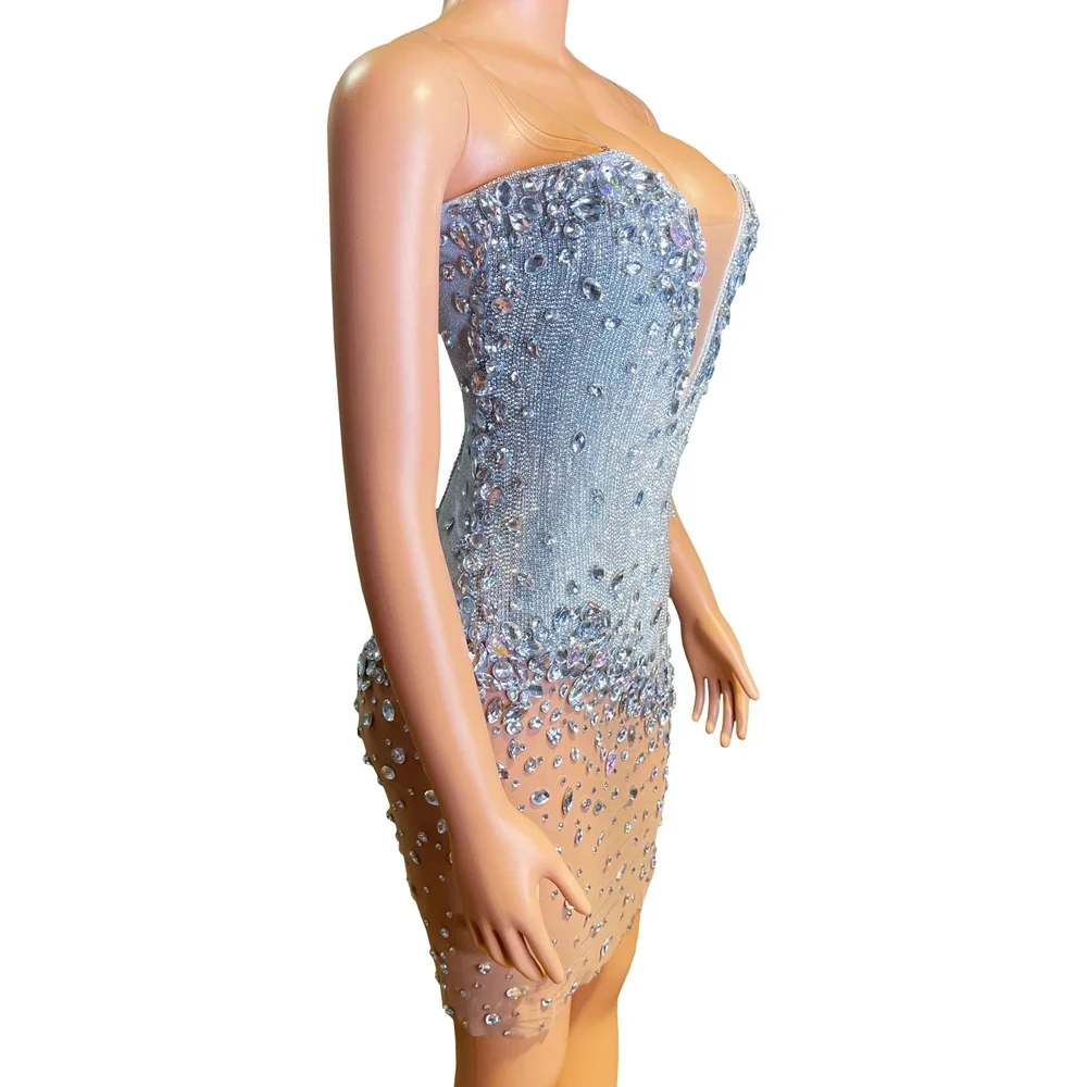 Sparkly strass Mesh See Through V Neck abito corto Singer Sexy festeggia compleanno matrimonio sera Prom Dress Show Wear