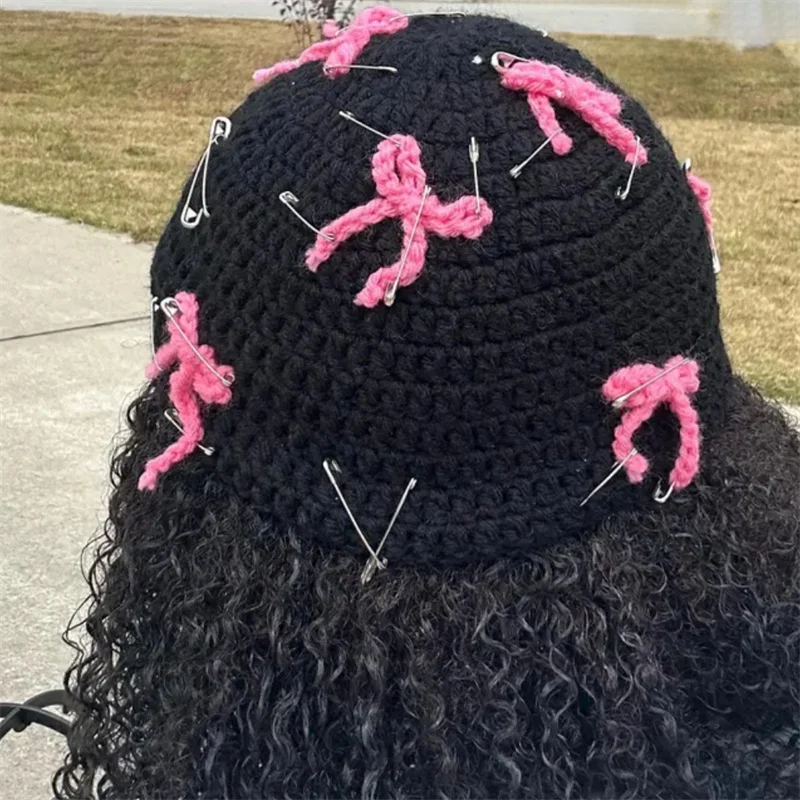 Cross-border sales Handmade crocheted Fashion Pullover cap personality pink Bow decoration Funny hat For women men warm hat