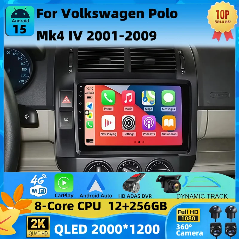 9" QLED Android 15 Car Radio For Volkswagen Polo Mk4 IV 2001-2009 Carplay Auto Multimedia Navigation GPS Stereo 2Din DVD DSP BT