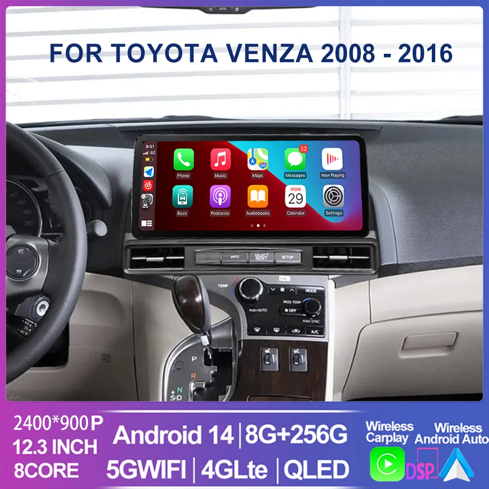 12,3-дюймовый 2400*900 Android 14 для Toyota Venza 2008-2016 Автомобильный радиоприемник Мультимедийный плеер GPS Auto Carplay Стерео Navi GPS Головка