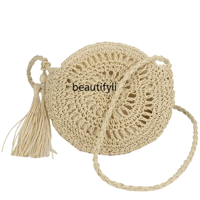 zq Hand-Woven Bag Women's New Shoulder Summer All-Matching Small Crossbody round Bag Straw Bag