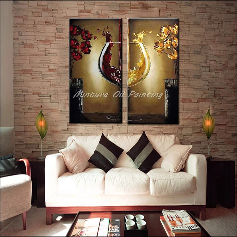 Mintura Handpainted Abstract Red Wine Glass Oil Paintings on Canvas,Modern Wall Art,Pictures for Living Room Wall Decor 2Pcs/Set