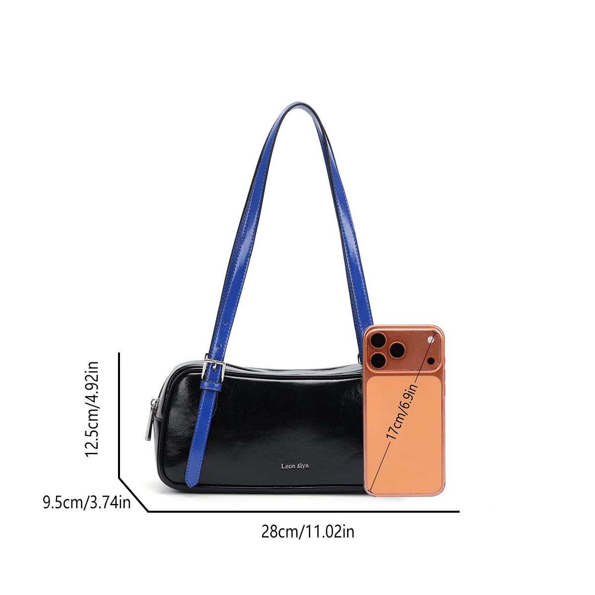 Leon Slyn Solid Black and Blue Oil Wax Leather Shoulder Bag for Women - Luxury Designer Boston Retro Underarm Small Bag with Zip