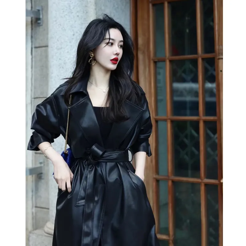 

Cool Ele PU Leather Coat Women's Thiened Belted Mid-Length Knee-Over Autumn Winter New Korean Sle Commute Windbreaker