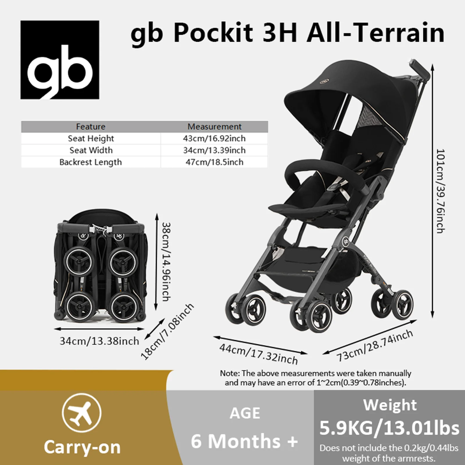 gb Pockit 3H Baby-Steoller (einschließlich kostenloser Armlehne), All-Terrain, leichter Kinderwagen, reisefreundlich