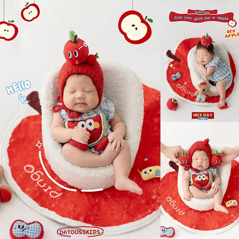 新生児写真撮影用小道具-かわいいリンゴの衣装-人形付き-ミニ装飾品-背景マット付き-ベビースタジオ写真撮影用アクセサリー