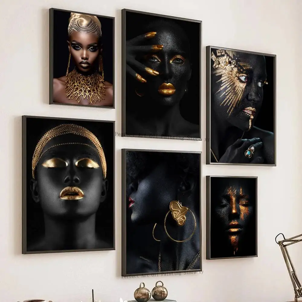 Black Skin Woman Golden Makeup Posters Living Room Bar Cafe Quality Canvas Vintage Style Comics Painting Art Home Wall Decor