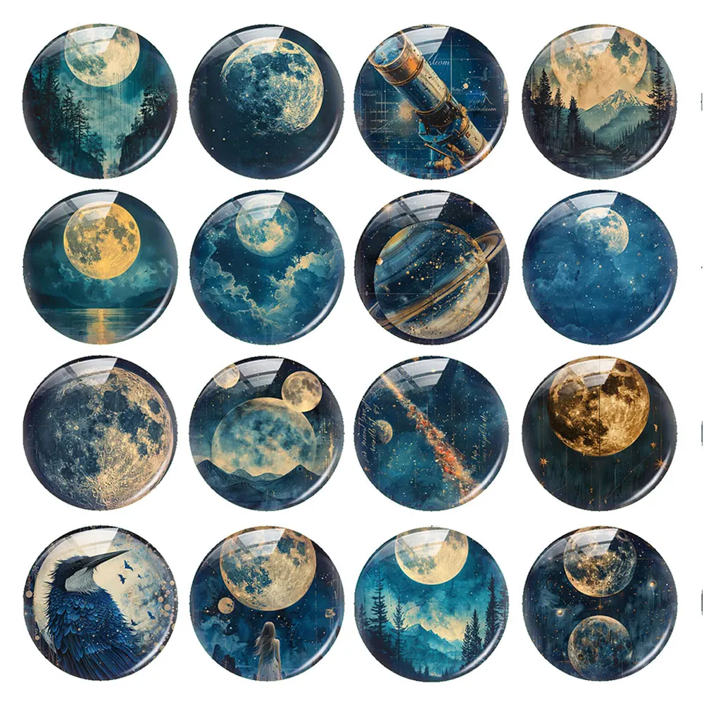 Random Mixed Round/Oval/Square Deep Blue Starry Night Sky Moon Photo Glass Cabochon Flatback Demo Cameo For Diy Jewelry Making