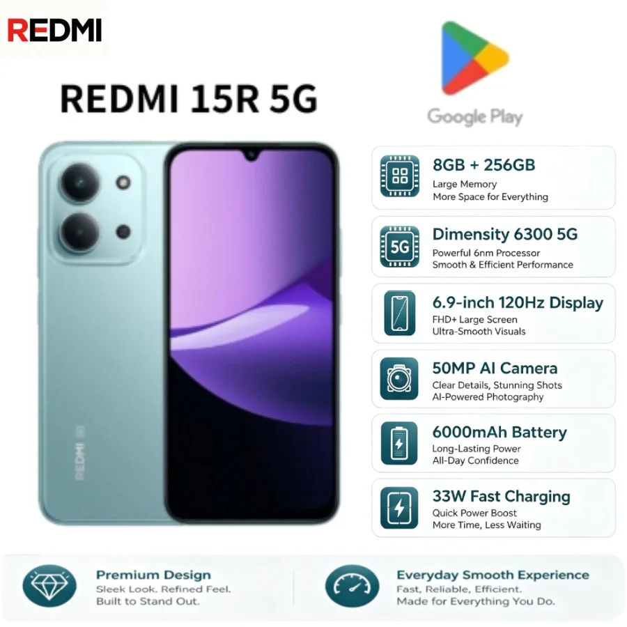 Redmi 15R 5G 8GB+256GB Phone, 6.9-inch 120Hz Large Display, 50MP AI Camera, 6000mAh Battery, 33W Fast Charging, Dual SIM