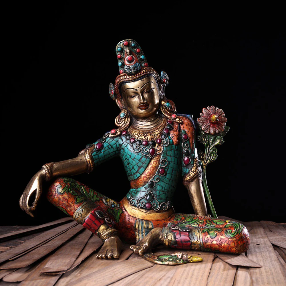 Copper Gem Inlaid Painted Gold Highlight Tibetan Green Tara Statue Serene Face Heavy Patina