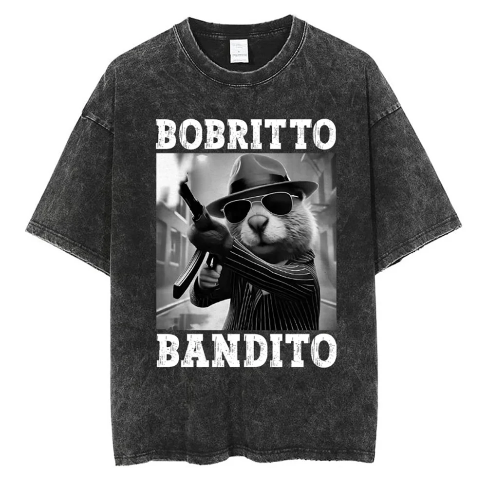 

Забавные мытые футболки с мемами для мужчин и женщин Bobrito Bandito Humor, итальянская хлопковая футболка с рисунком Brainrot, новинка, свободная винтажная футболка