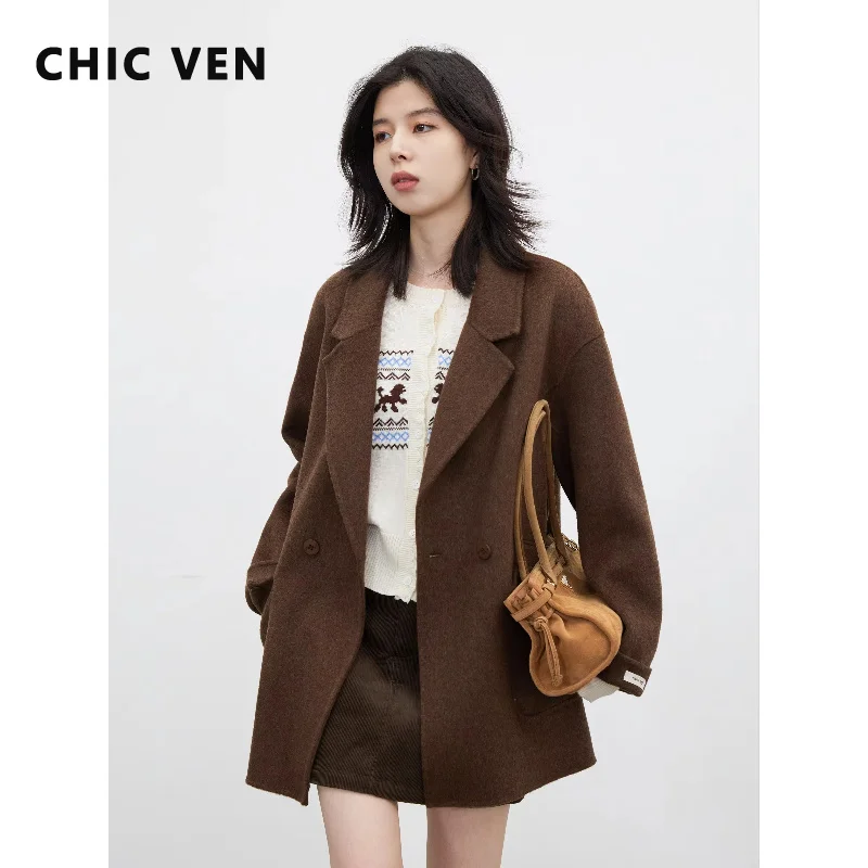 CHIC VEN New Women Woolen Coat Double-sided Loose Casual Double-breasted Solid Plus Size Top Ladies Overcoat Autumn Winter 2026