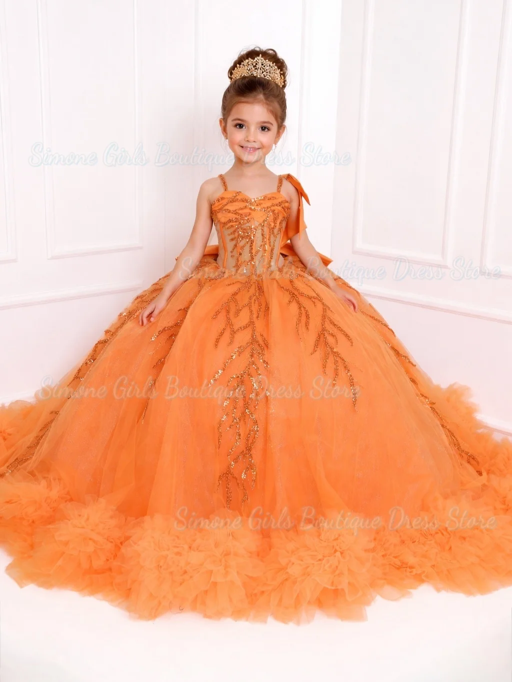 Customized Orange Flower Girl Dress For Wedding Tulle Puffy Applique Princess Kids Birthday Party First Communion Ball Gowns