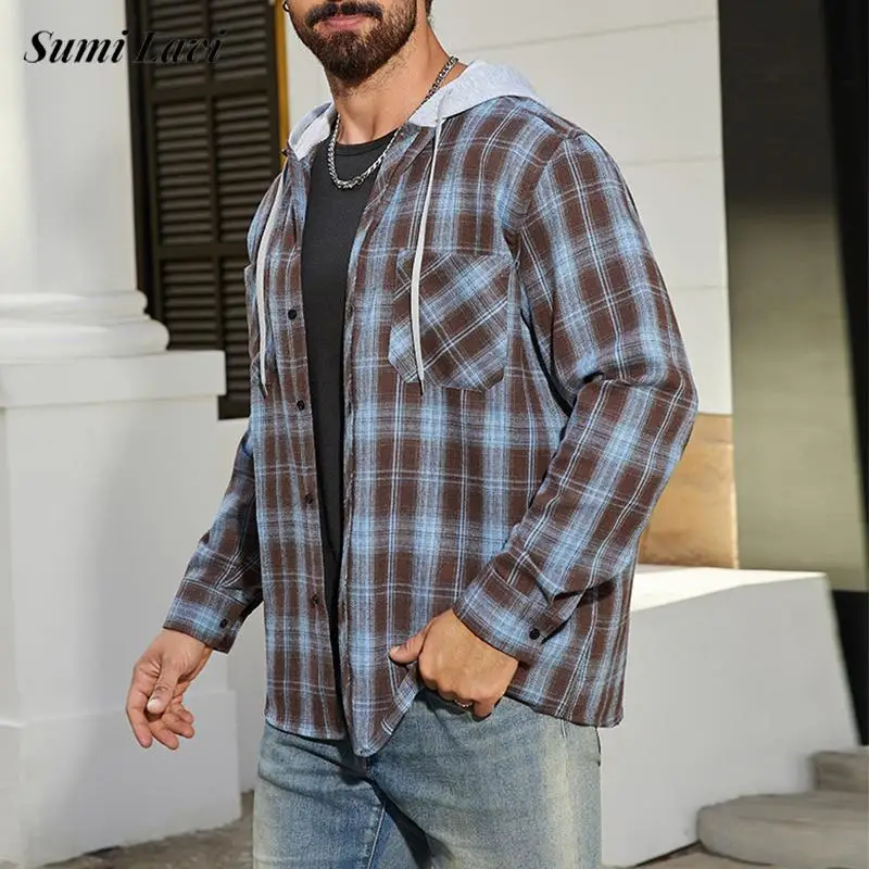 

Vintage Plaid Printing Hooded Jacket Mens Coat Spring Autumn Fashion Drawstring Buttoned Cardigan Tops Men Casual Shirt Jackets