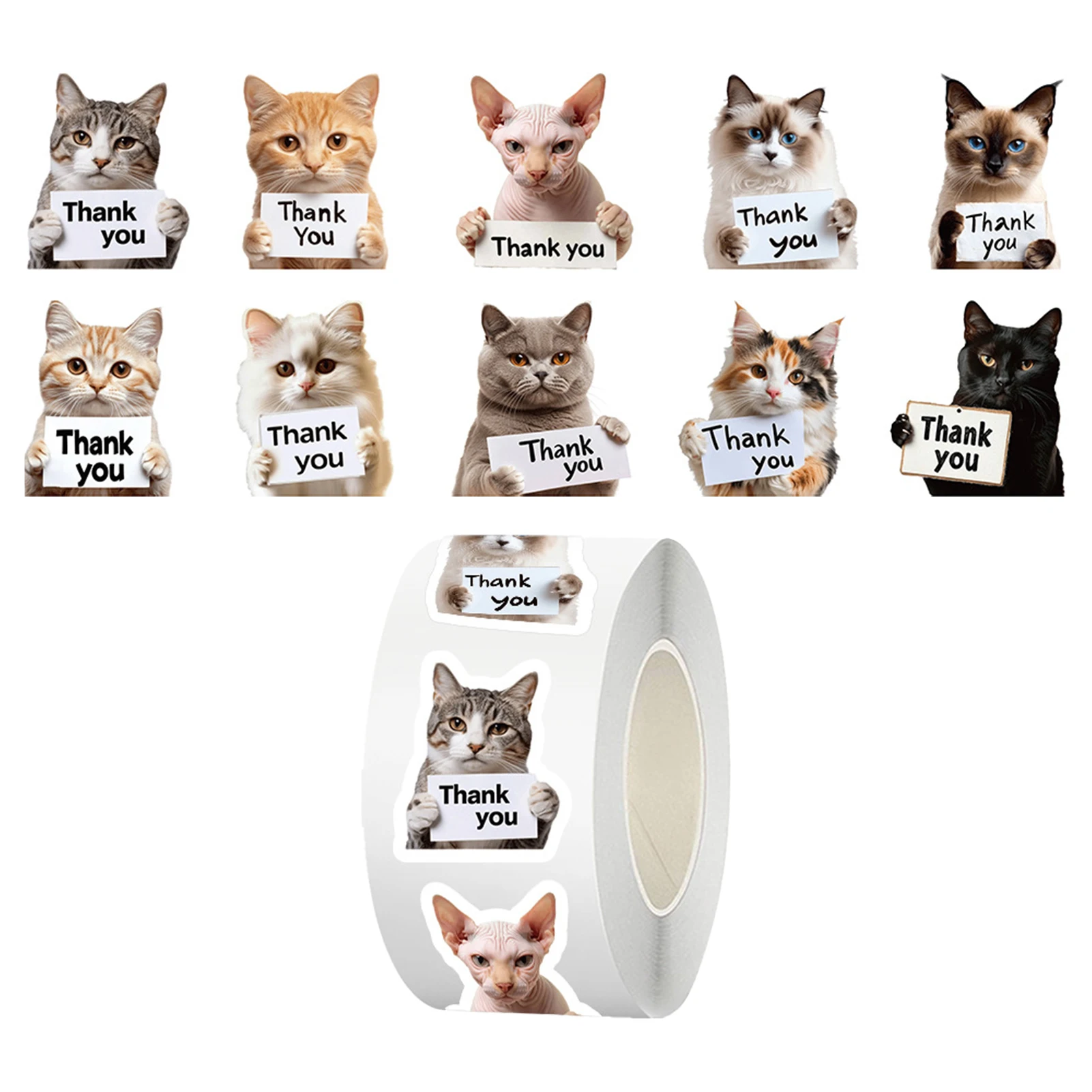 500pcs/roll Funny Cats Cartoon Stickers Thanlk you Decals DIY Phone Laptop Notebook Suitcase Waterproof Decorative Sticker