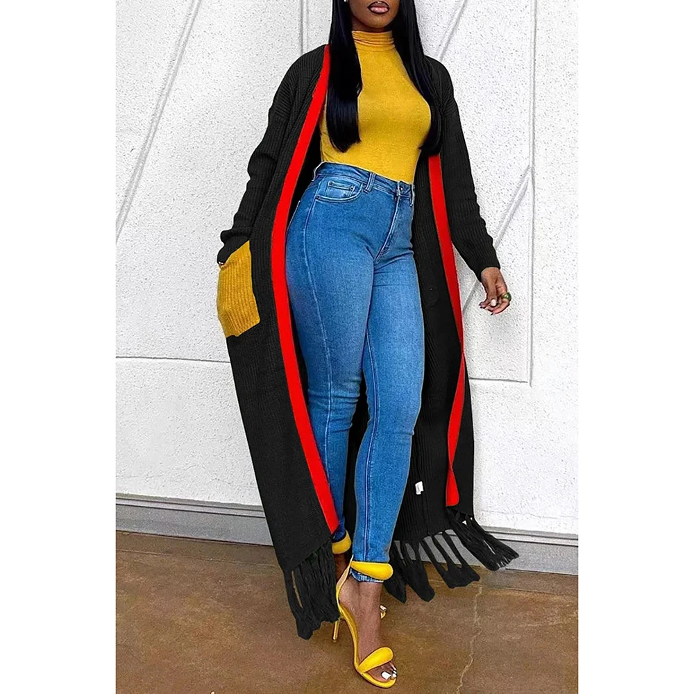 Plus Size Women'S Daily Outer Black Knitted Tassel Color Block Cardigan Coat Extra Long Top Clothing Women'S Long Coat