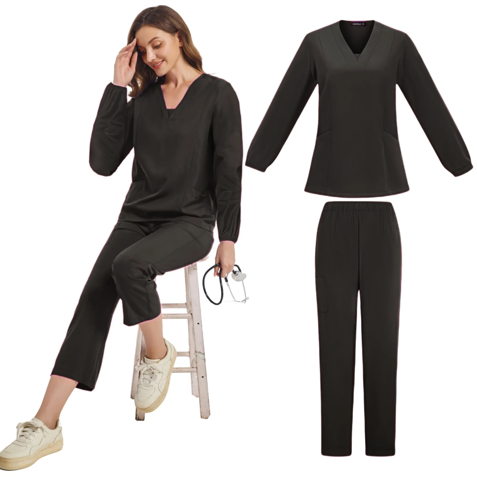 Chirurgische Uniformen Frau Krankenpflege Langarm Scrubsuit Medizinische Peelings Krankenhaus Top V-Ausschnitt Arzt Krankenpflege Lange Scrubs Jogger Sets