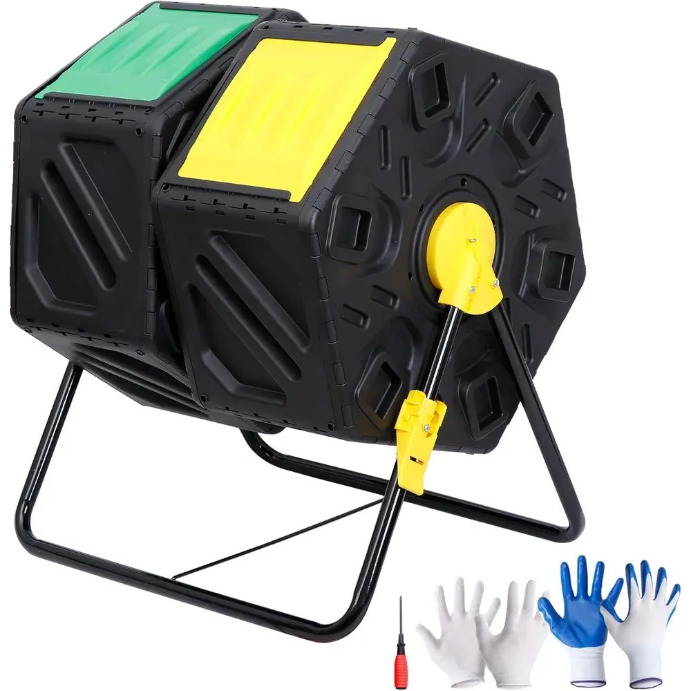 

All-Season Dual Chamber 37 Gallon Outdoor Compost Tumbler with 2 Sliding Doors and Steel Frame
