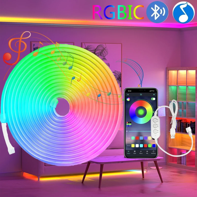 

5V USB RGBIC Neon LED Strip,1/2/3/5M IP65 RGBIC Neon lamp tape with Bluetooth App and Remote For DIY Neon Deocoration Lighting