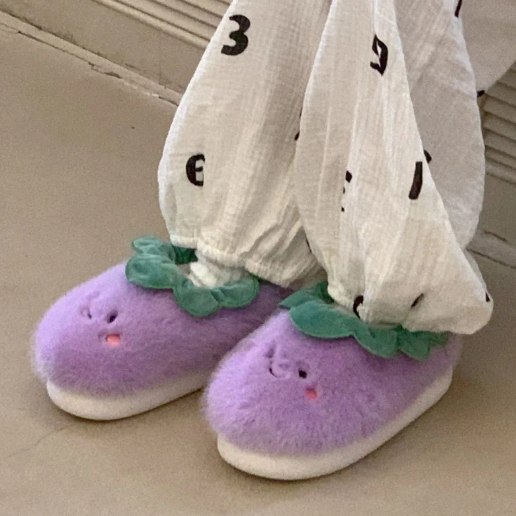 2024 New ladies cute cartoon eggplant pattern autumn/winternon-slip floor cotton slippers indoor warm soft bottom plush shoes