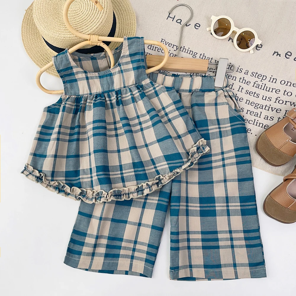 Girls Fashion Summer New Casual Clothes O-Neck Sleeveless Tank Top + Cropped Trouser 2 Pcs Set 2-7 Years Kids Daily Simple Wear