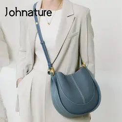 Johnature 2024 New Fashion Women Bag Genuine Leather Versatile Shoulder Bags Solid Color Casual Cowhide Crossbody Bags