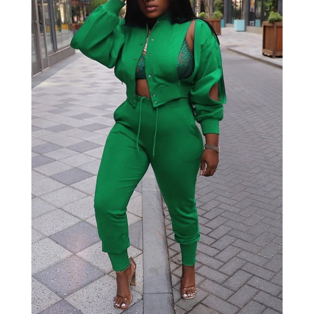 2pcs Pants Set Women Slit Design Buttoned Top & Drawstring Cuffed Pants Set Female Two Piece Suit Sets Casual Outfits Set Sporty