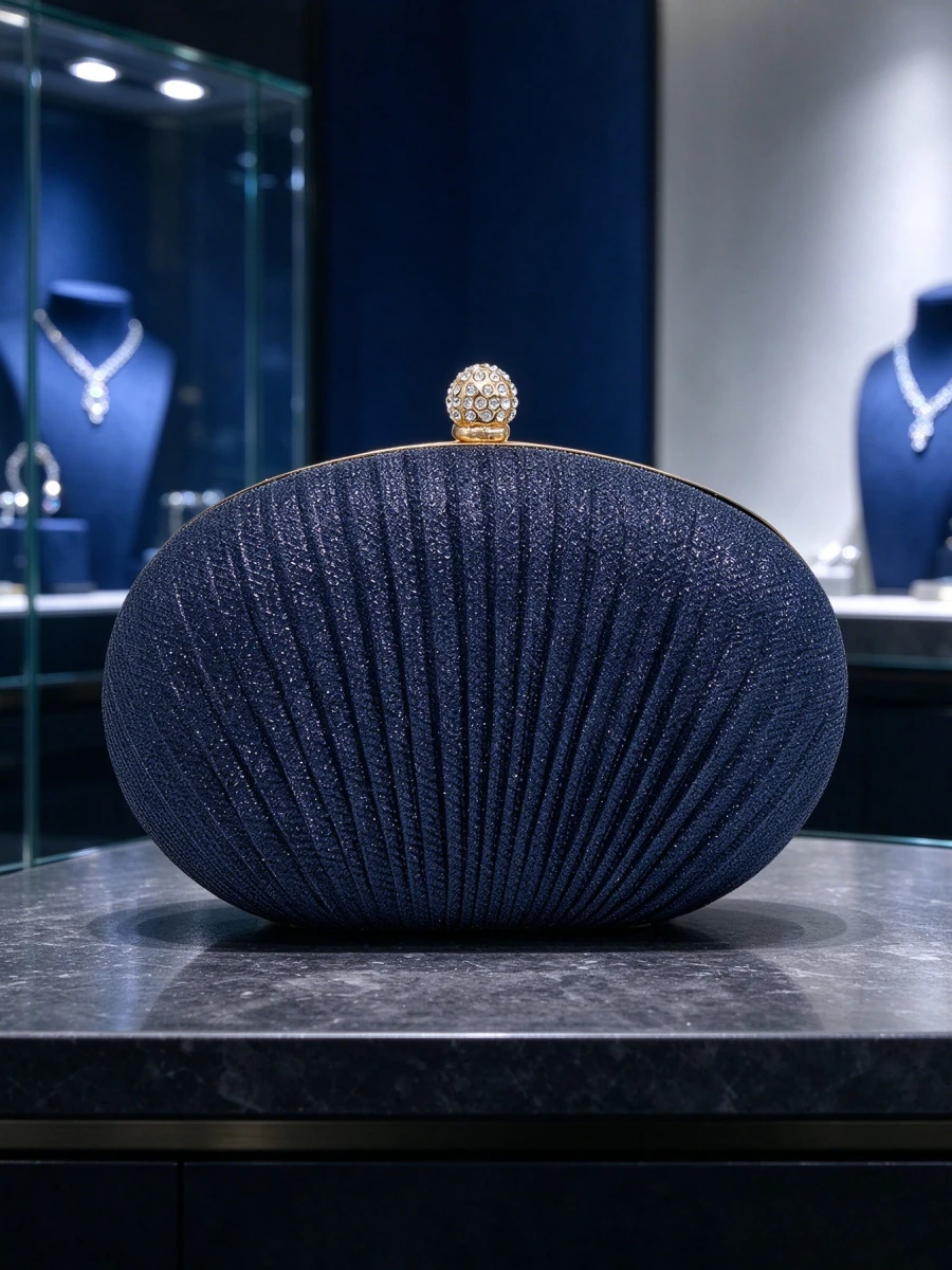 Black Pleated Glitter Clutch, Rhinestone Snap Hard Shell Evening Bag For Wedding Banquet Mature Ladies Bolsos De Mujer Tendencia