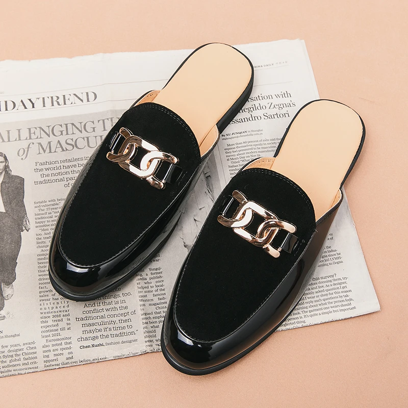 Mens Designer Brand Italian Casual Chain Loafers Leather Luxury Business Men Half Shoes Drop Ship Mules Black Slides Slippers