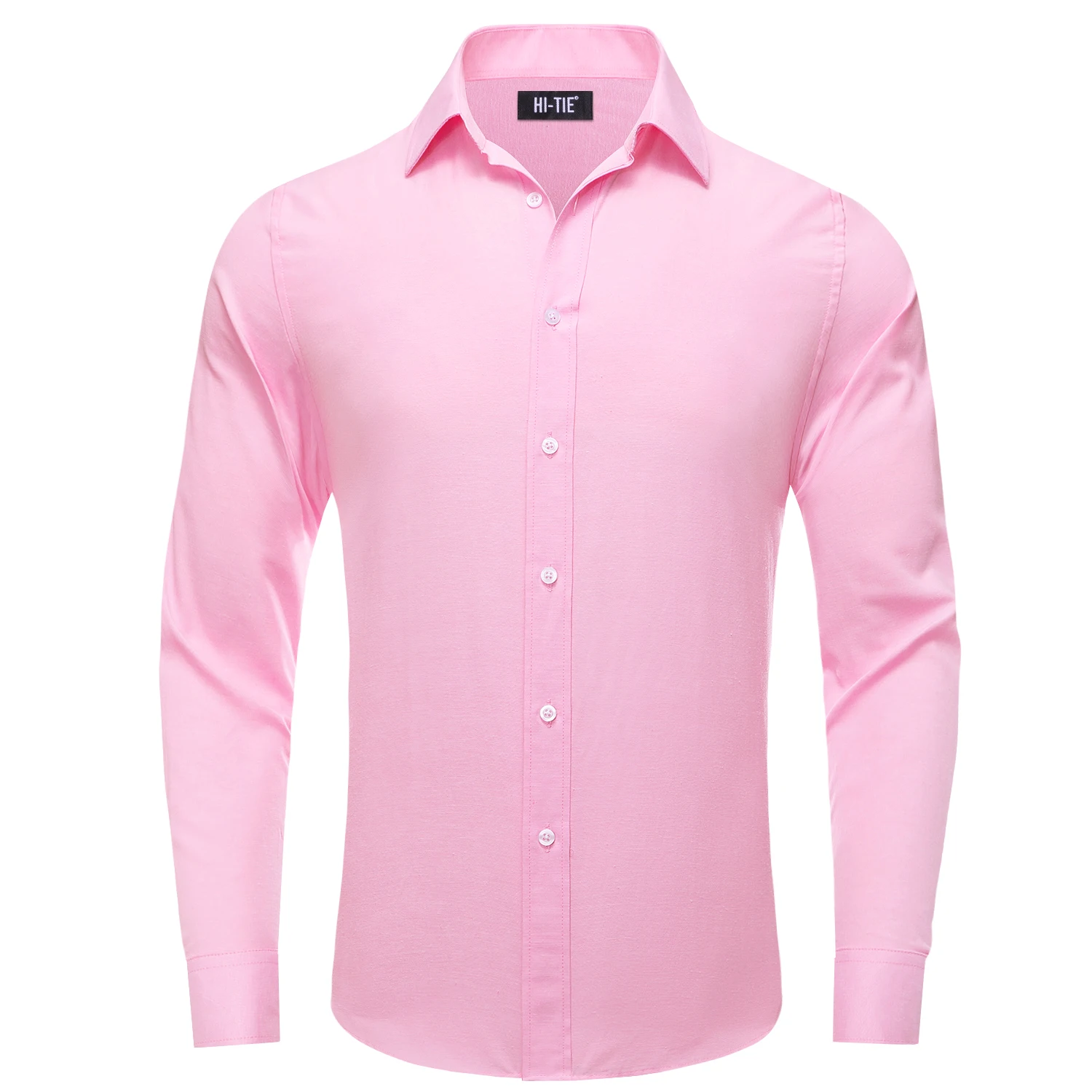 Hi-Tie Wedding Pink Men\'s Silk Shirts Classic Lapel Collar Solid Long Sleeve Dress Shirt Soft Blouse Male Wedding Business Gifts