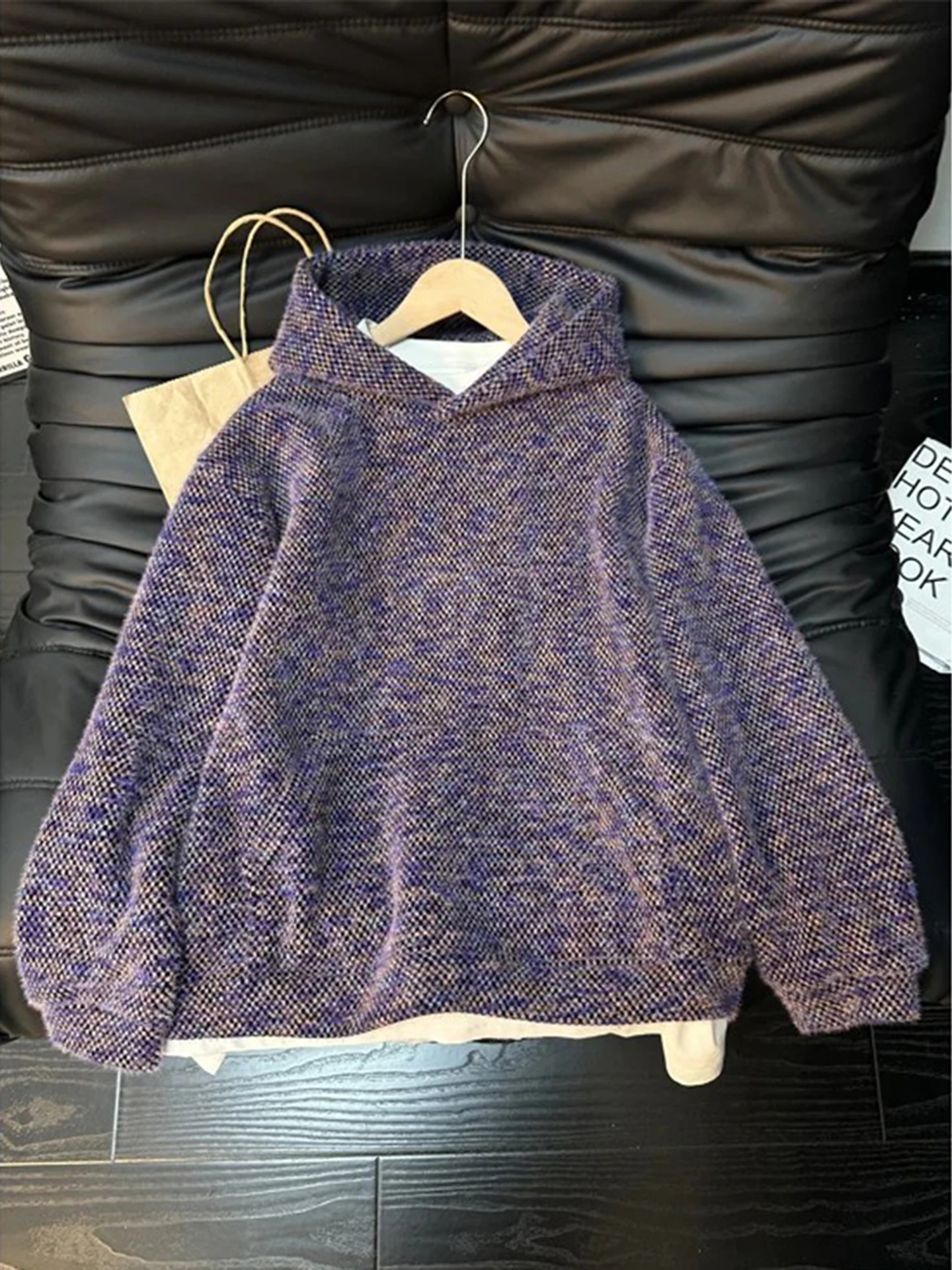 

American Retro Thiened Knitted Hoodie Men's Winter Design Heavyweight Hooded Sweatirt Cleanfit Couple Outerwear