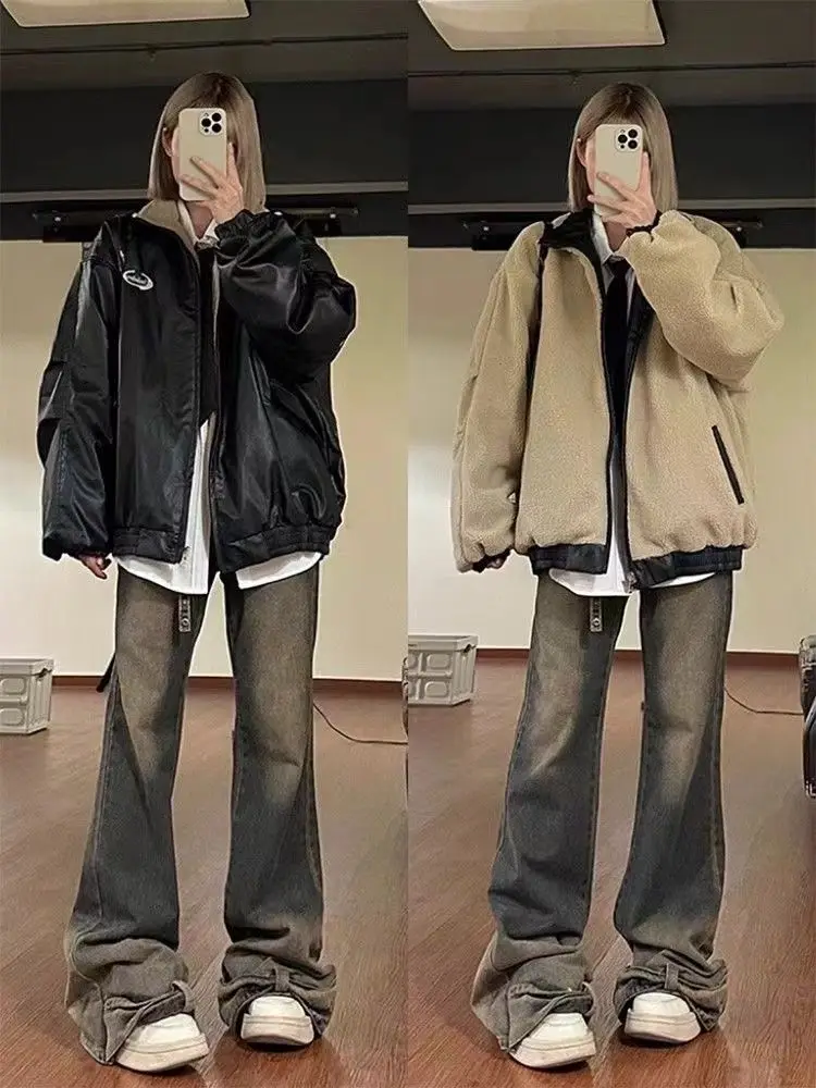 

Lamb Wool Jacket Woman High Quality Cashmere Overlong Mountaineering Military Unisex Heavy-Duty Combat Epaulets Badge Girls