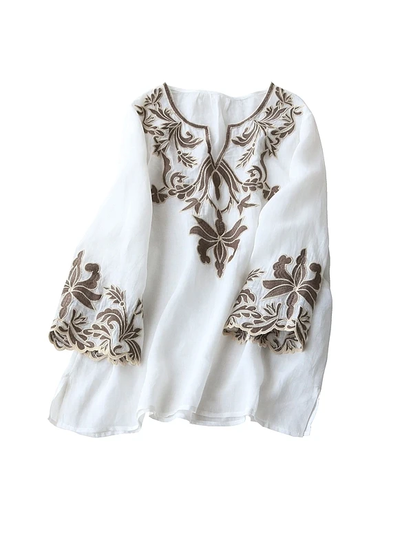 

Летний свободный белый женский повседневный хлопковый льняной топ с художественной вышивкой, восьмиполосный ретро-этнический круглый топ Ne irt