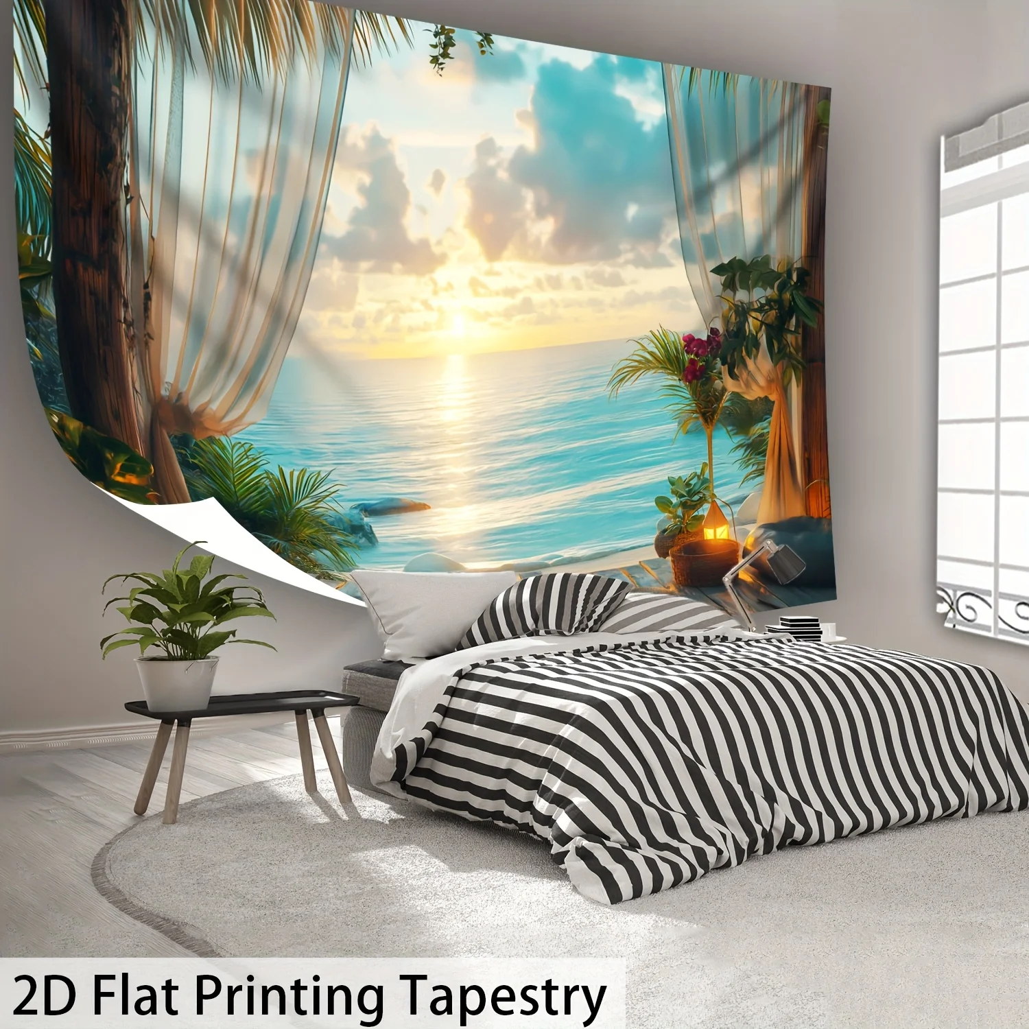 Seaside Sunrise Landscape Tapestry, HD Ocean Beach Wall Decor for Home and Living Room Backdrop