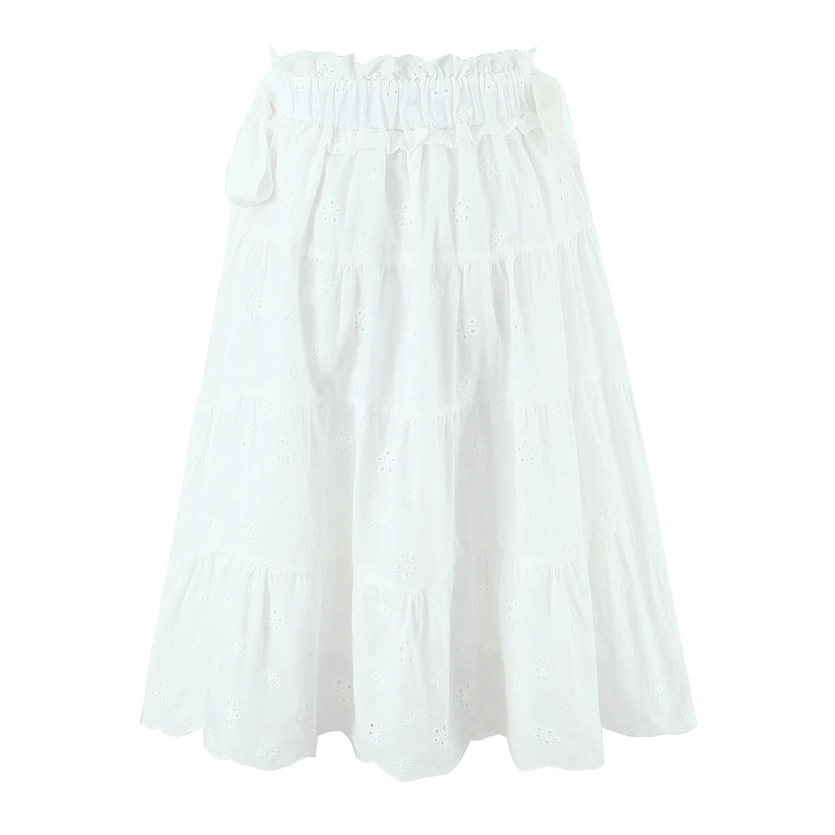 2025 Holiday White Embroidery Hollow Out Hole Lace Knee Length Skirt Women Bow Elastic Waist Swing A-lined Cake Skirts Beige