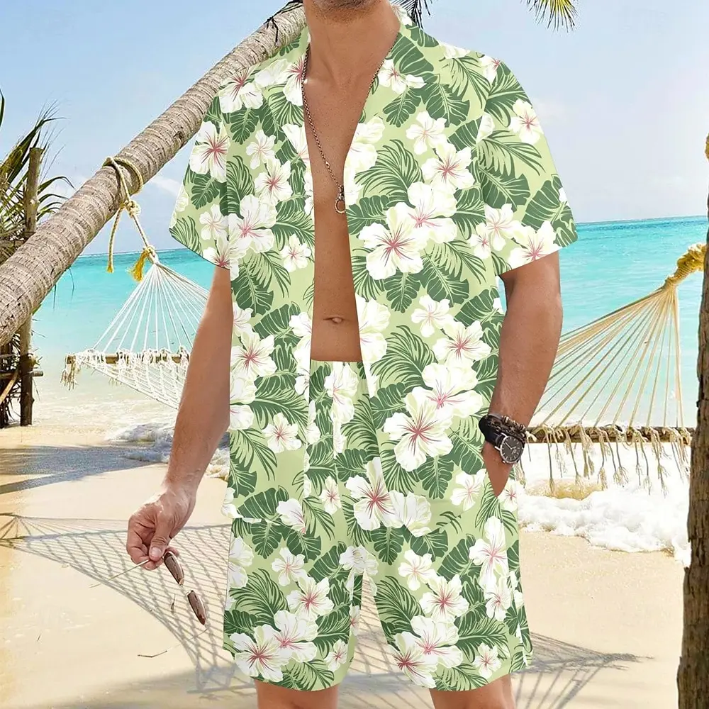 

Модные мужские шорты и рубашки с цветочным принтом, комплект из 2 предметов, летняя пляжная одежда с завязками на талии, повседневная одежда, тропический принт, азиатский размер