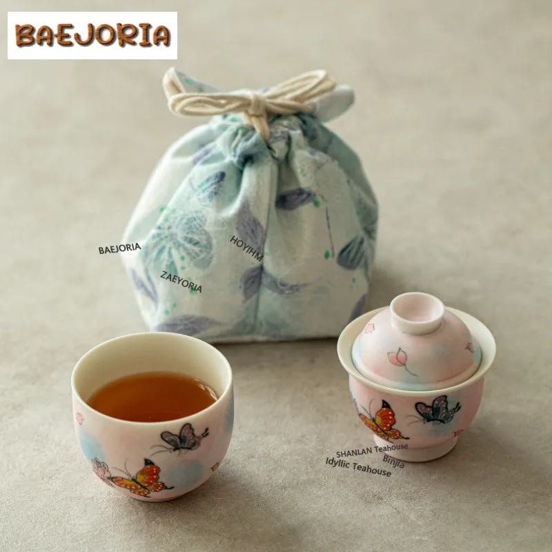 

Hand-painted Butterfly Travel Tea Set Kit Boutique 1 Pot 3 Cups Tea Maker Organizer Portable Picnic Stock Bags Decoration craft
